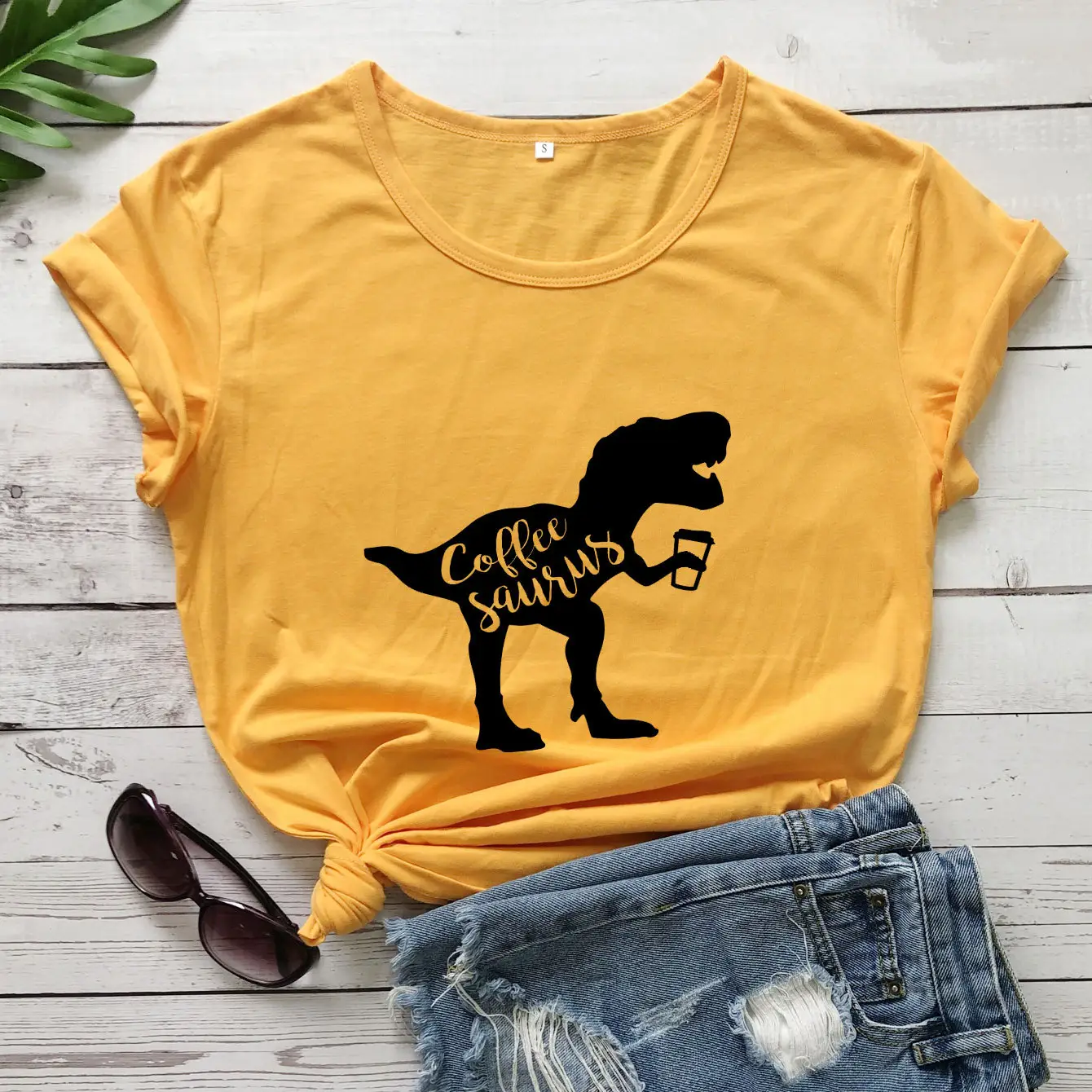 Coffee Still Short Sleeve T-Shirt Yellow Dinosaur Print - Image 5