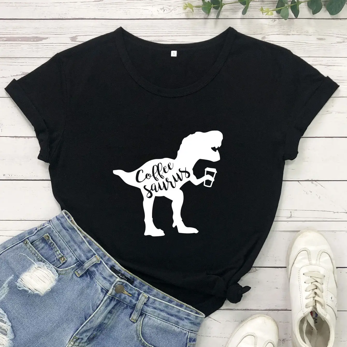 Coffee Still Short Sleeve T-Shirt Yellow Dinosaur Print - Image 2