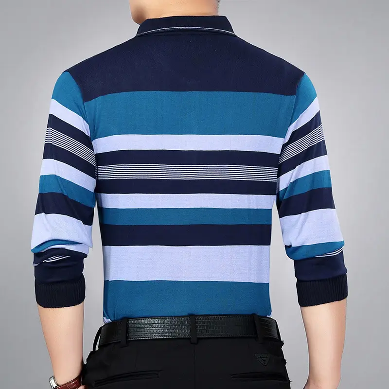 Men Striped Long Sleeve Knit T-Shirt Navy Blue - Image 5
