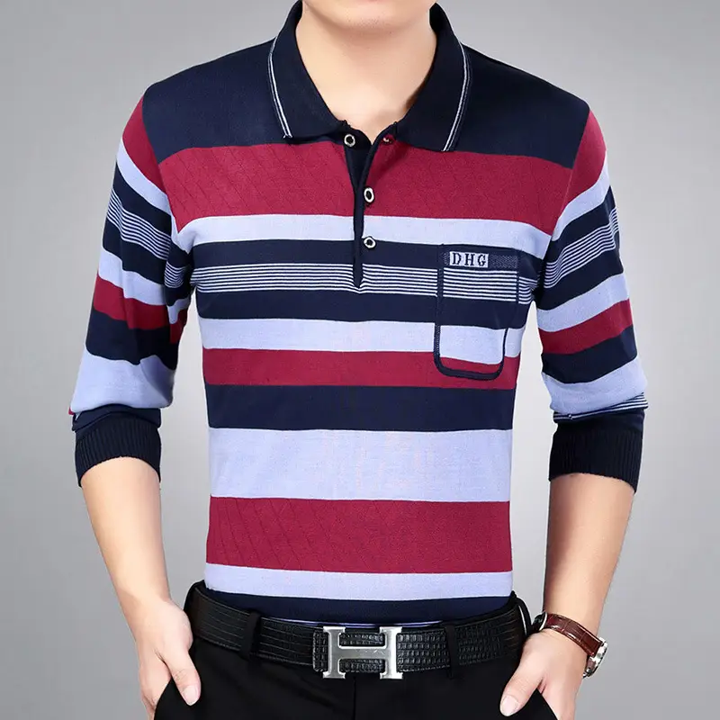 Men Striped Long Sleeve Knit T-Shirt Navy Blue - Image 6