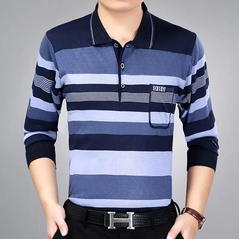 Men Striped Long Sleeve Knit T-Shirt Navy Blue - Image 7