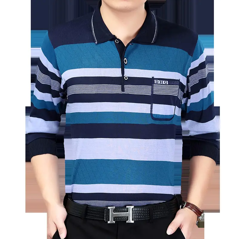 Men Striped Long Sleeve Knit T-Shirt Navy Blue - Image 8