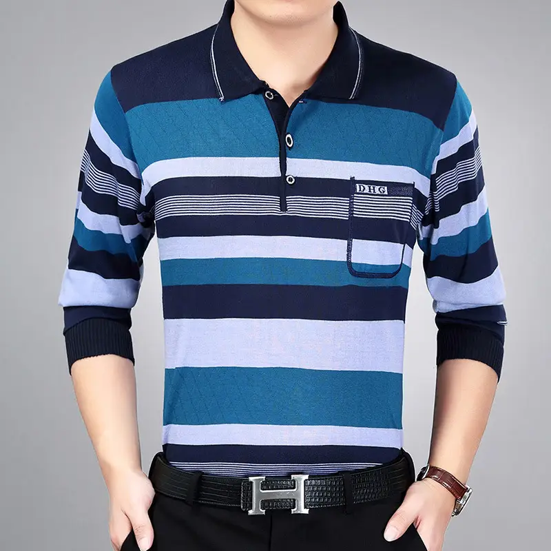 Men Striped Long Sleeve Knit T-Shirt Navy Blue - Image 2