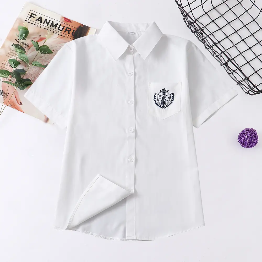 Japanese College Embroidered White Short Sleeve Shirt - Image 4