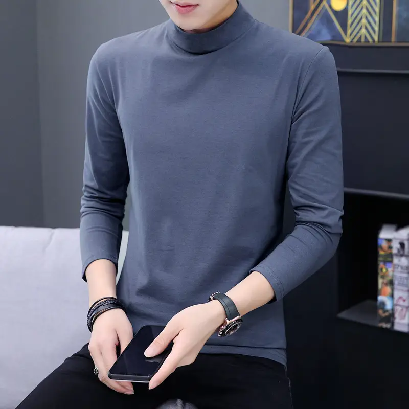 Men High Collar Cotton T-Shirt Solid Color Long Sleeve - Image 8