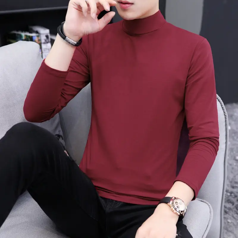 Men High Collar Cotton T-Shirt Solid Color Long Sleeve - Image 9