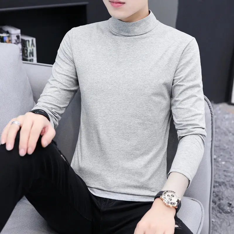 Men High Collar Cotton T-Shirt Solid Color Long Sleeve - Image 11