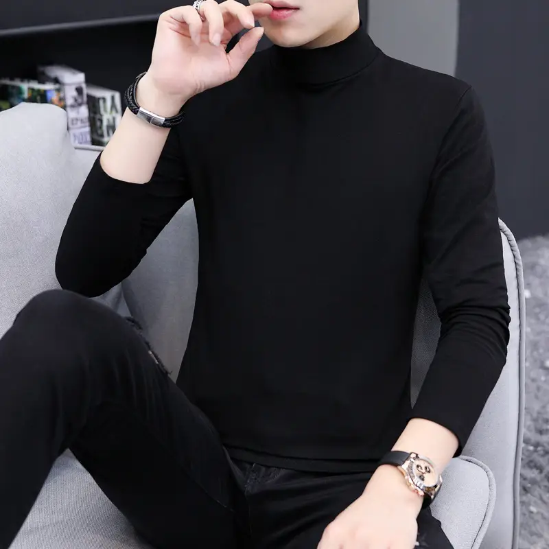 Men High Collar Cotton T-Shirt Solid Color Long Sleeve - Image 2