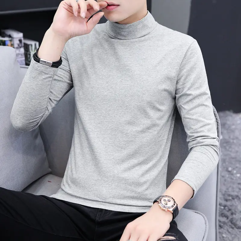 Men High Collar Cotton T-Shirt Solid Color Long Sleeve - Image 3