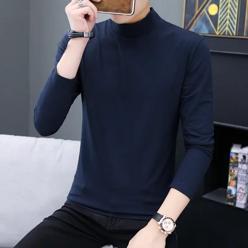 Men High Collar Cotton T-Shirt Solid Color Long Sleeve - Image 4