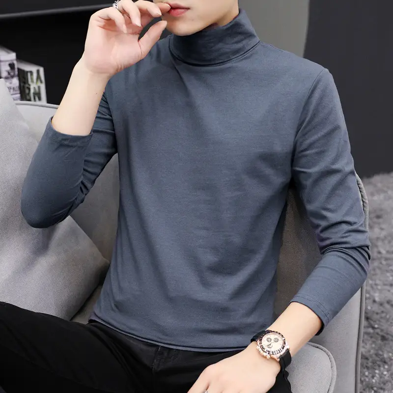 Men High Collar Cotton T-Shirt Slim Fit Gray