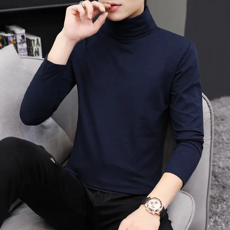 Men High Collar Cotton T-Shirt Slim Fit Gray