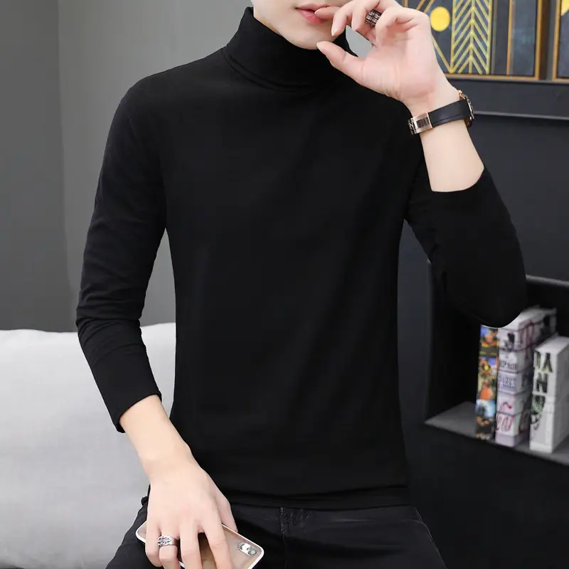 Men High Collar Cotton T-Shirt Slim Fit Gray