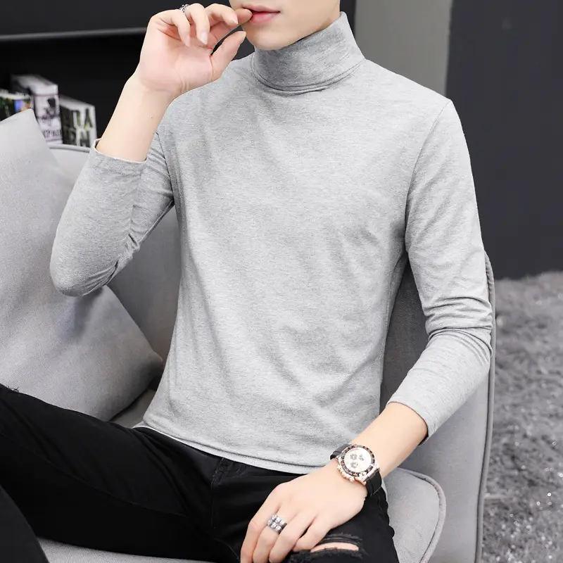 Men High Collar Cotton T-Shirt Slim Fit Gray