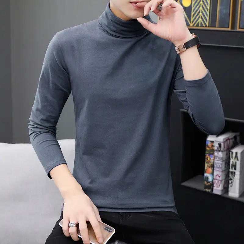 Men High Collar Cotton T-Shirt Slim Fit Gray