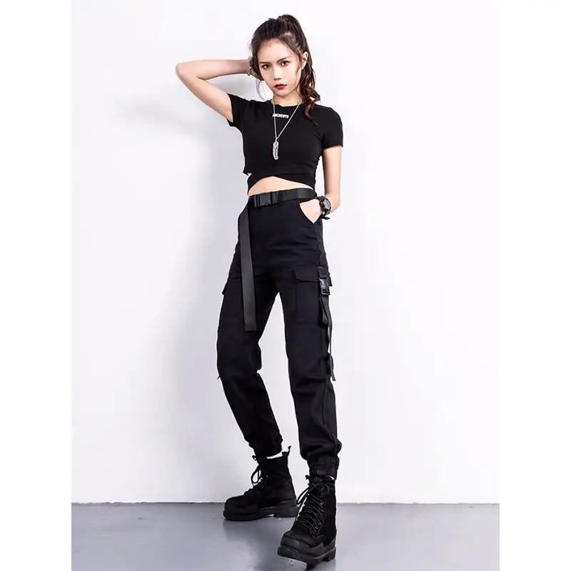 Women Slim Cargo Pants Black High Waist Spring Fall - Image 4