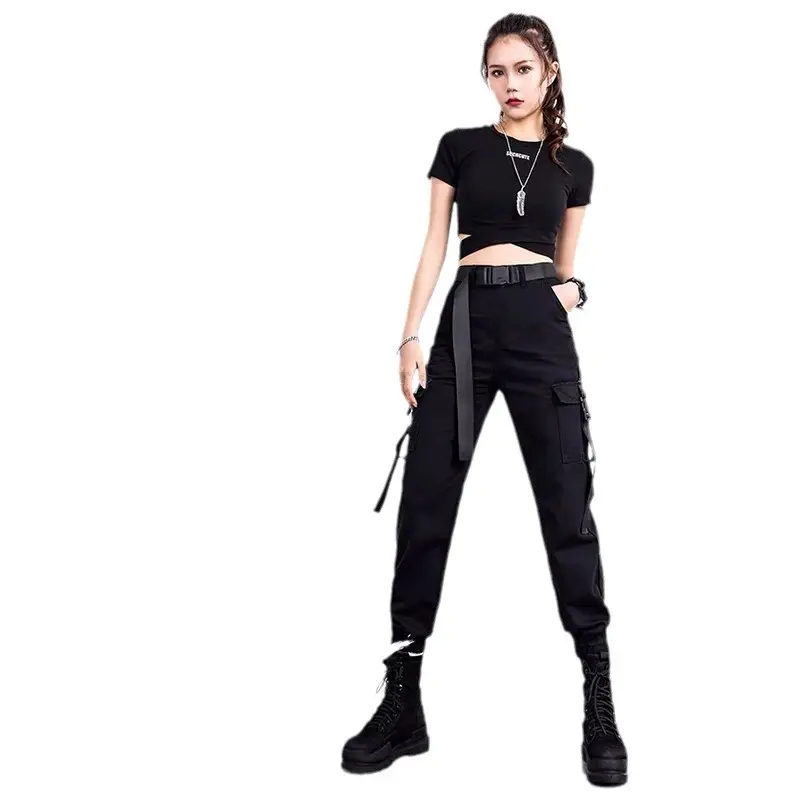 Women Slim Cargo Pants Black High Waist Spring Fall - Image 7