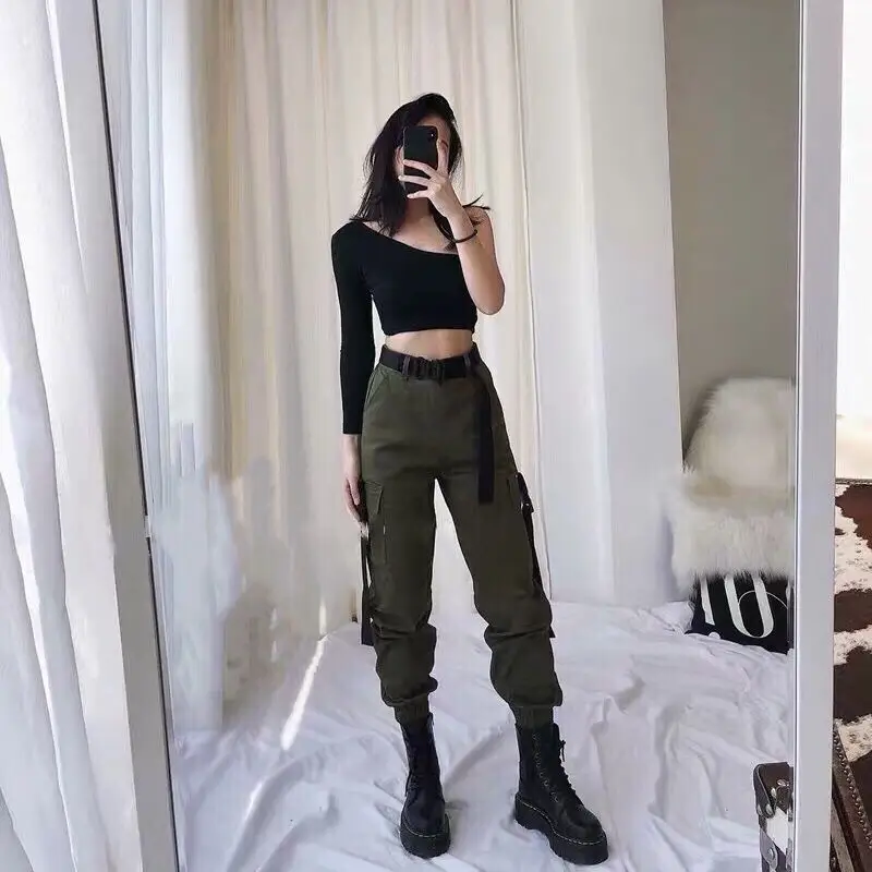 Women Slim Cargo Pants Black High Waist Spring Fall - Image 2
