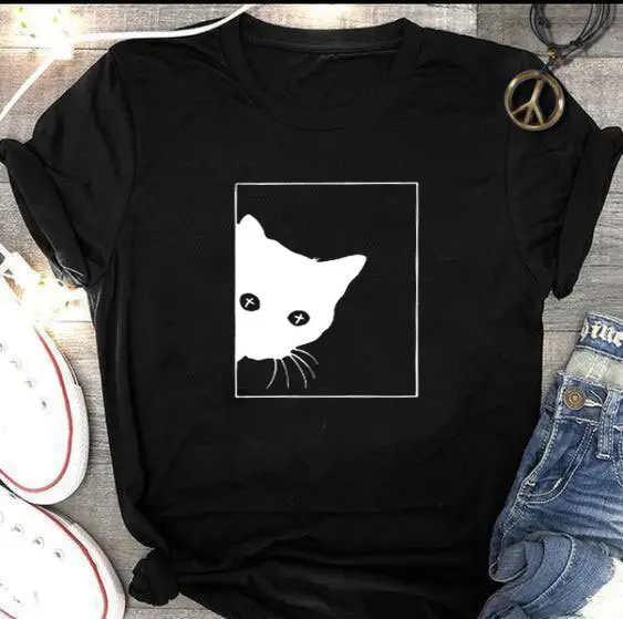 Cat Head Graphic T-Shirt Grey Short Sleeve - Image 2