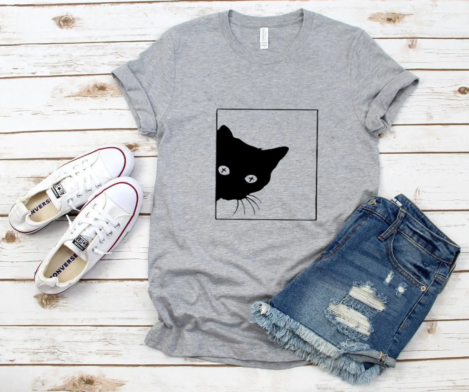 Cat Head Graphic T-Shirt Grey Short Sleeve - Image 3
