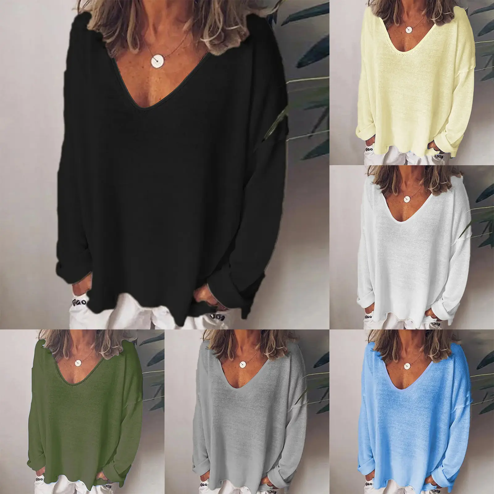 Women's U-Neck Long Sleeve T-Shirt Grey Spring - Image 7