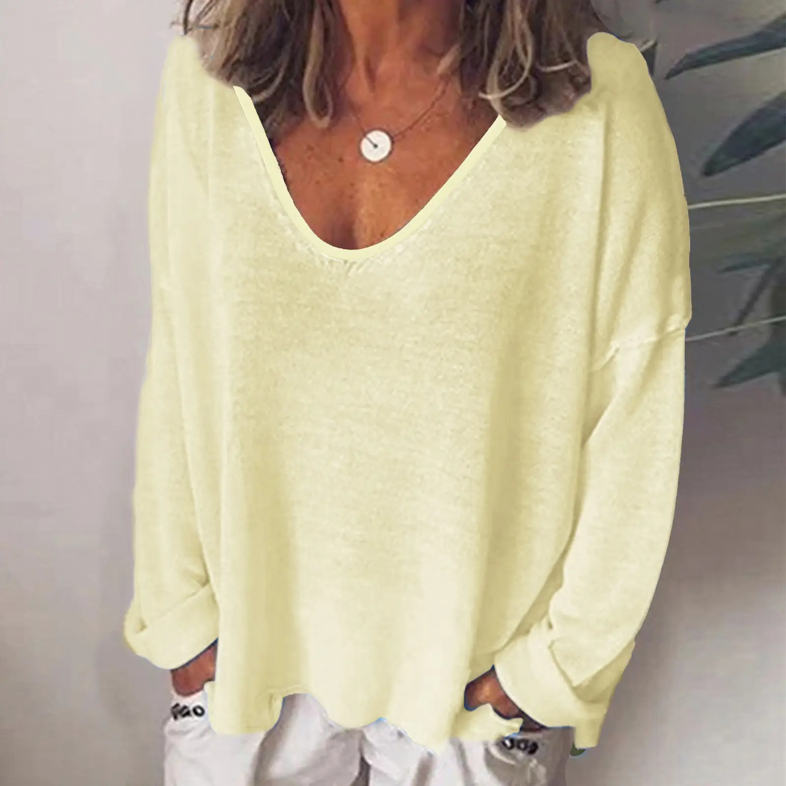 Women's U-Neck Long Sleeve T-Shirt Grey Spring - Image 10