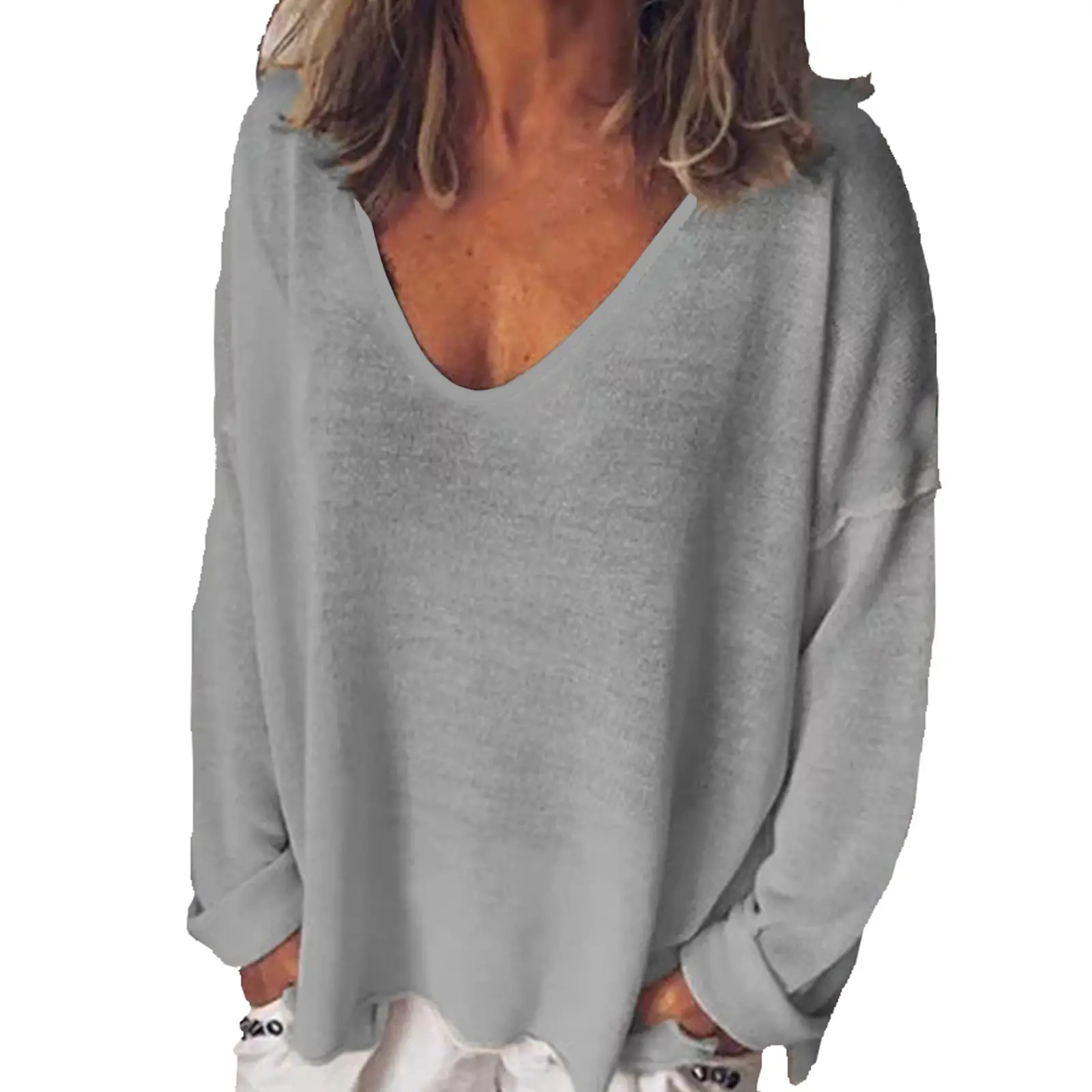 Women's U-Neck Long Sleeve T-Shirt Grey Spring - Image 2