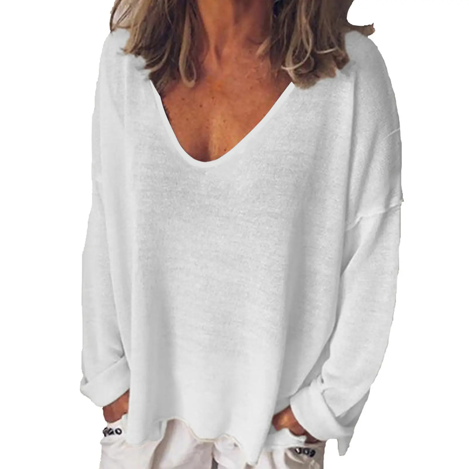 Women's U-Neck Long Sleeve T-Shirt Grey Spring - Image 3