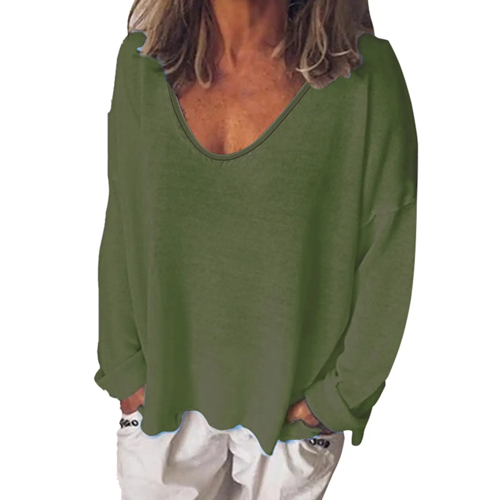 Women's U-Neck Long Sleeve T-Shirt Grey Spring - Image 6