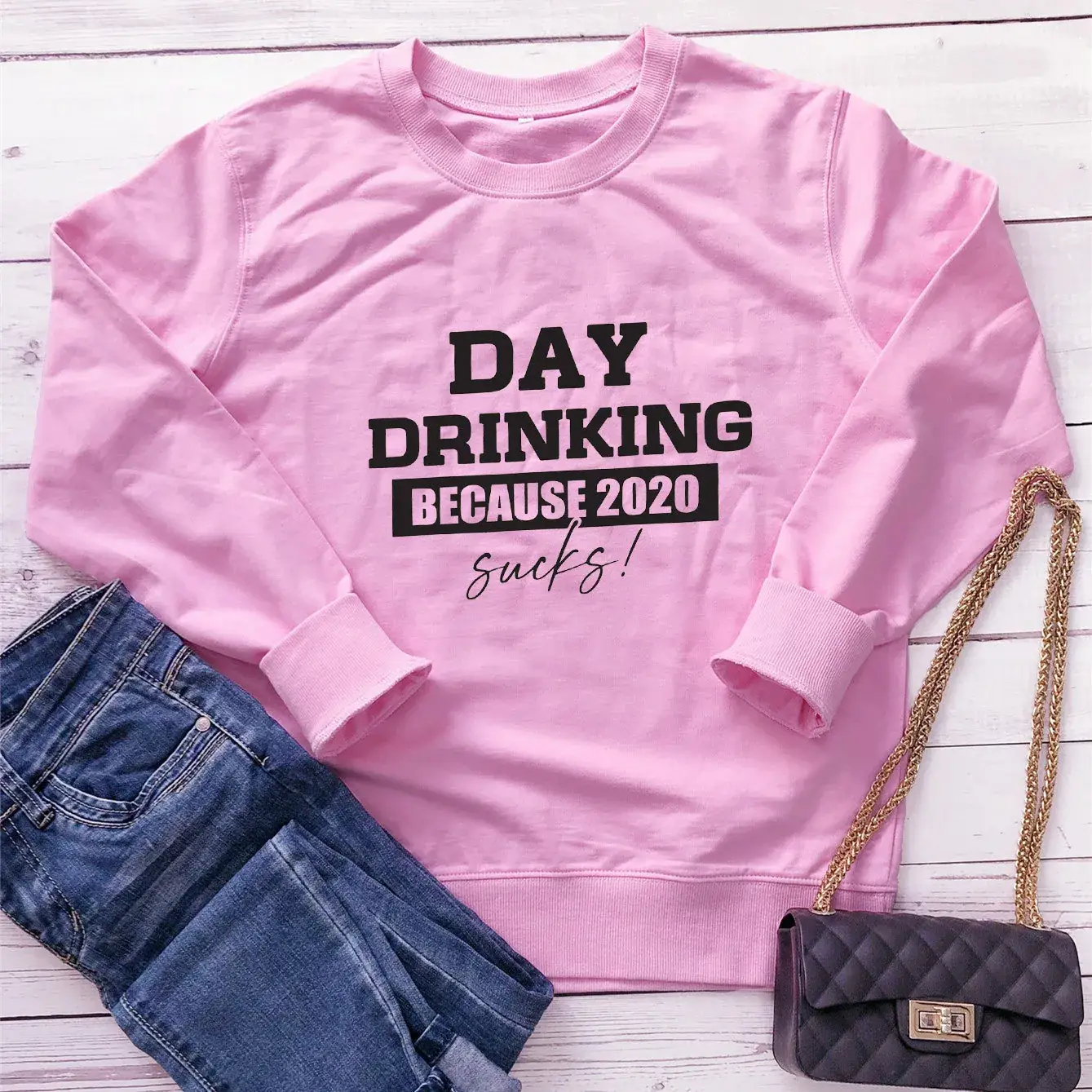 Day Drinking Because 2020 Letter Sweatshirt Yellow - Image 6