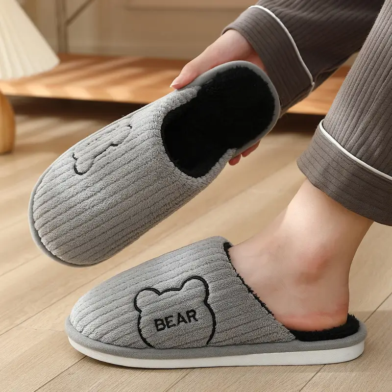 Black Bear Embroidered Wool Slippers for Men Women Winter Indoor - Image 9