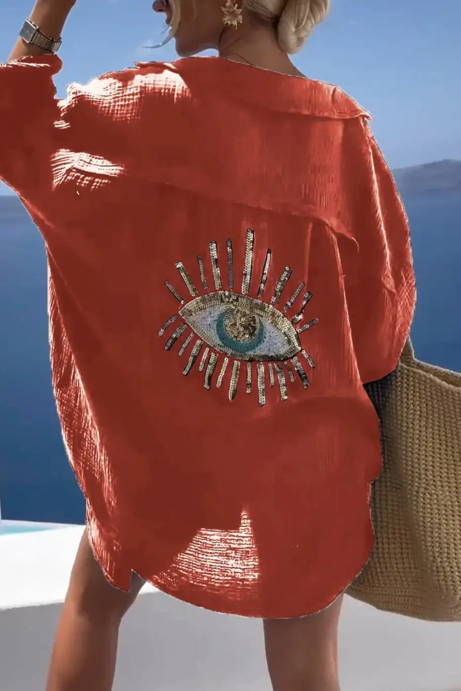 Women's 2025 Cotton Linen Lapel Shirt with Eye Design - Image 3