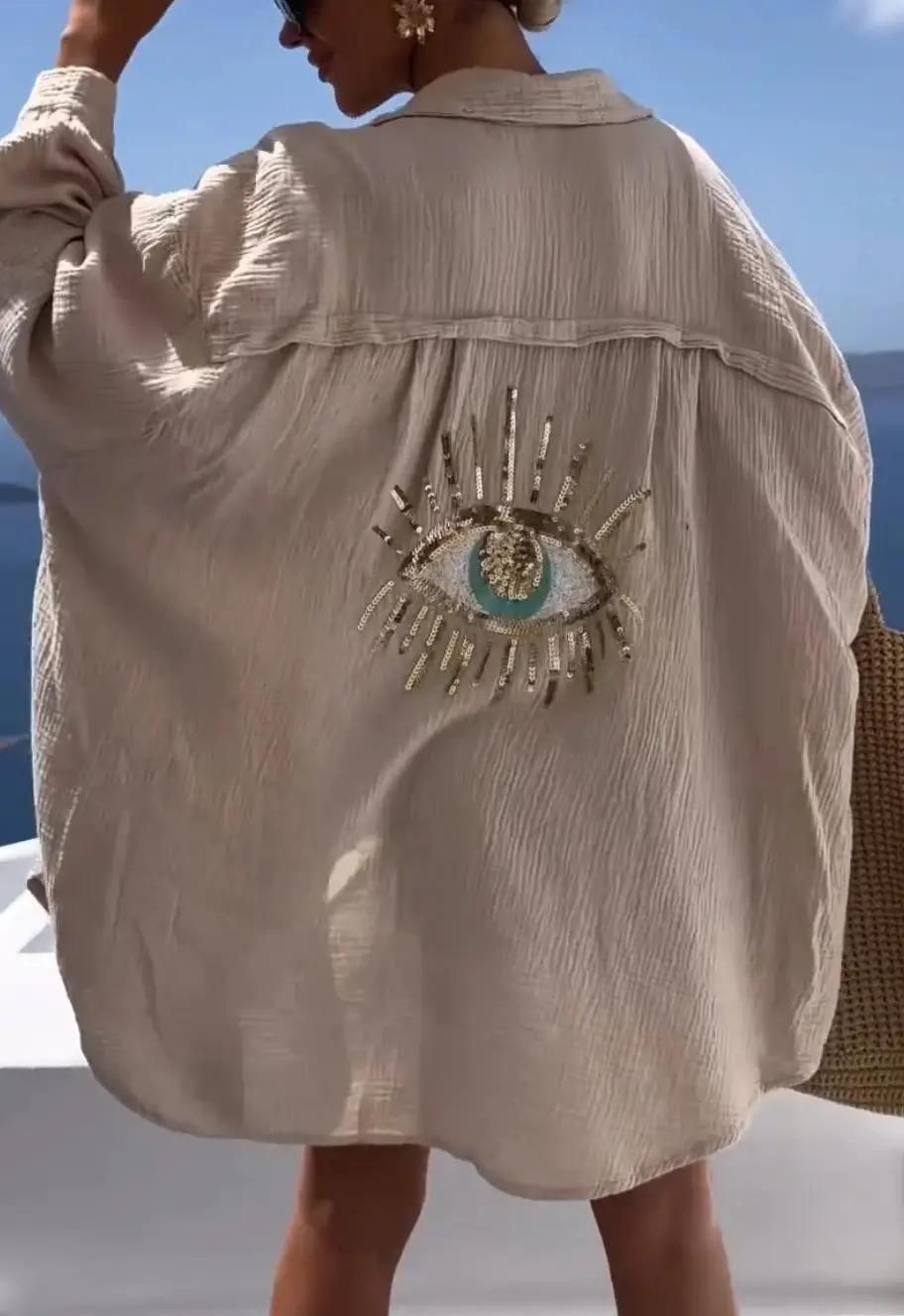 Women's 2025 Cotton Linen Lapel Shirt with Eye Design - Image 4