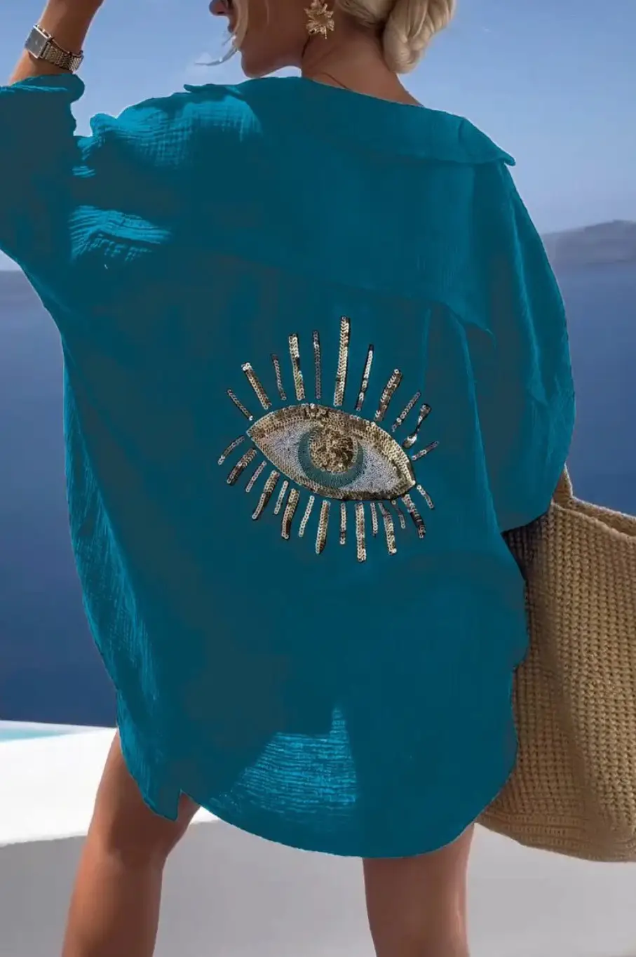 Women's 2025 Cotton Linen Lapel Shirt with Eye Design - Image 7