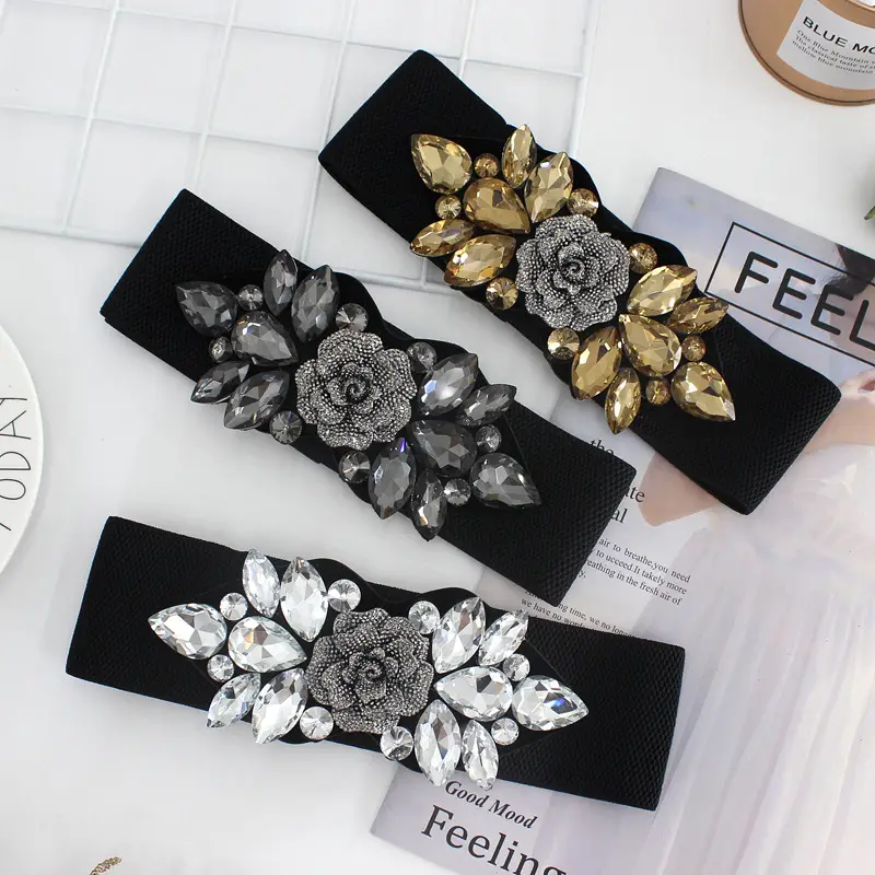 Rose Rhinestone Belt for Women Black Floral Decor