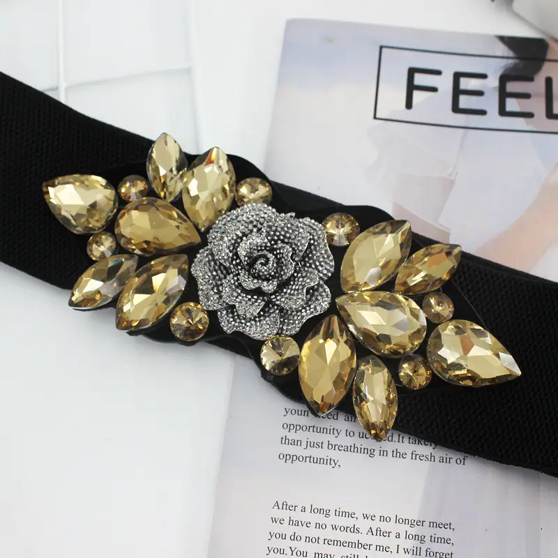 Rose Rhinestone Belt for Women Black Floral Decor