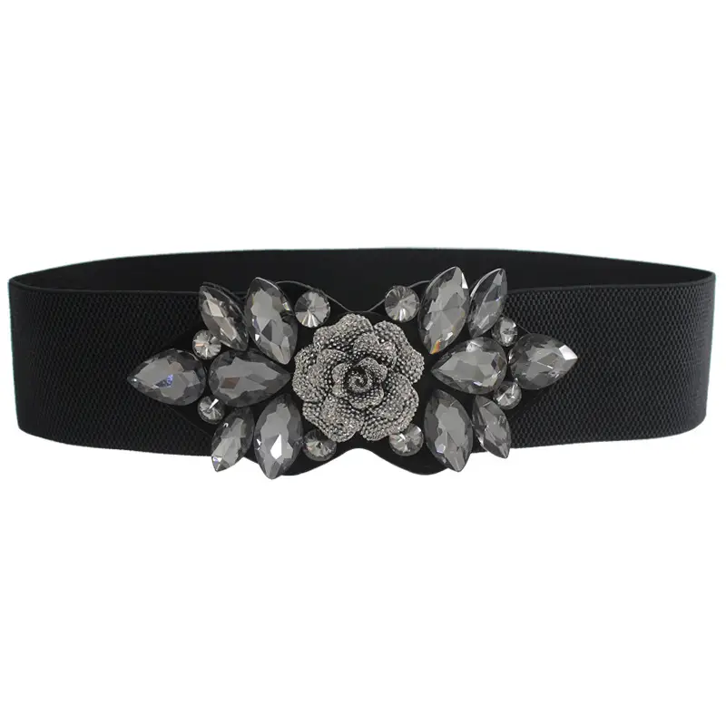Rose Rhinestone Belt for Women Black Floral Decor