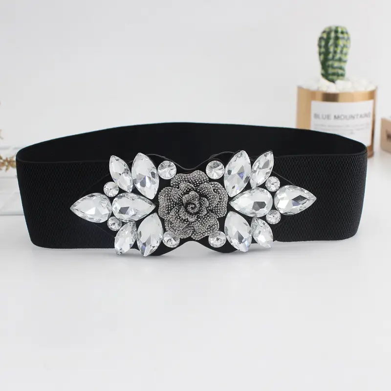 Rose Rhinestone Belt for Women Black Floral Decor