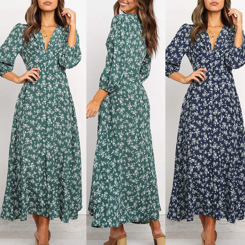 2024 Printed V Neck Chiffon Long Sleeve Dress Green Blue - Image 3