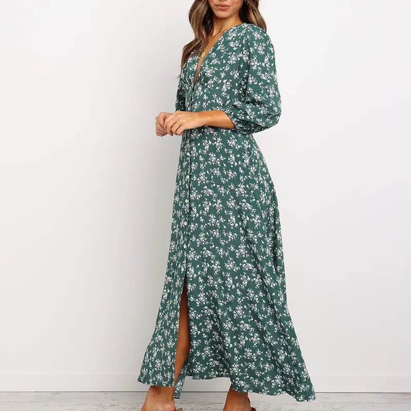 2024 Printed V Neck Chiffon Long Sleeve Dress Green Blue - Image 4