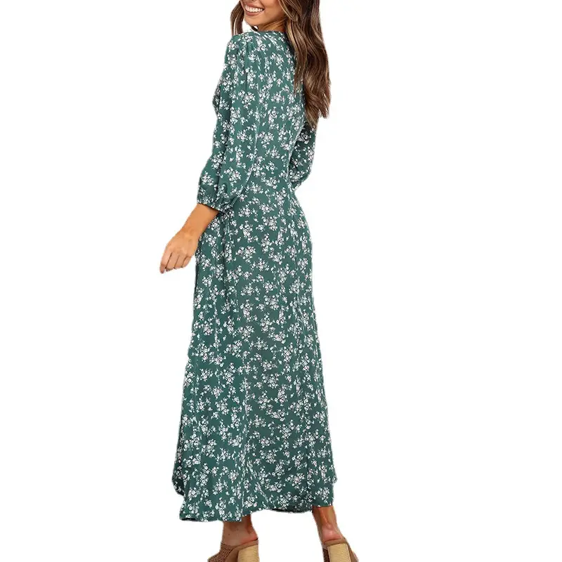 2024 Printed V Neck Chiffon Long Sleeve Dress Green Blue - Image 7