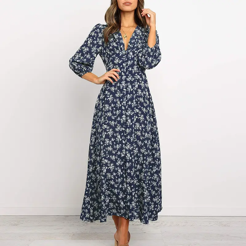 2024 Printed V Neck Chiffon Long Sleeve Dress Green Blue - Image 2