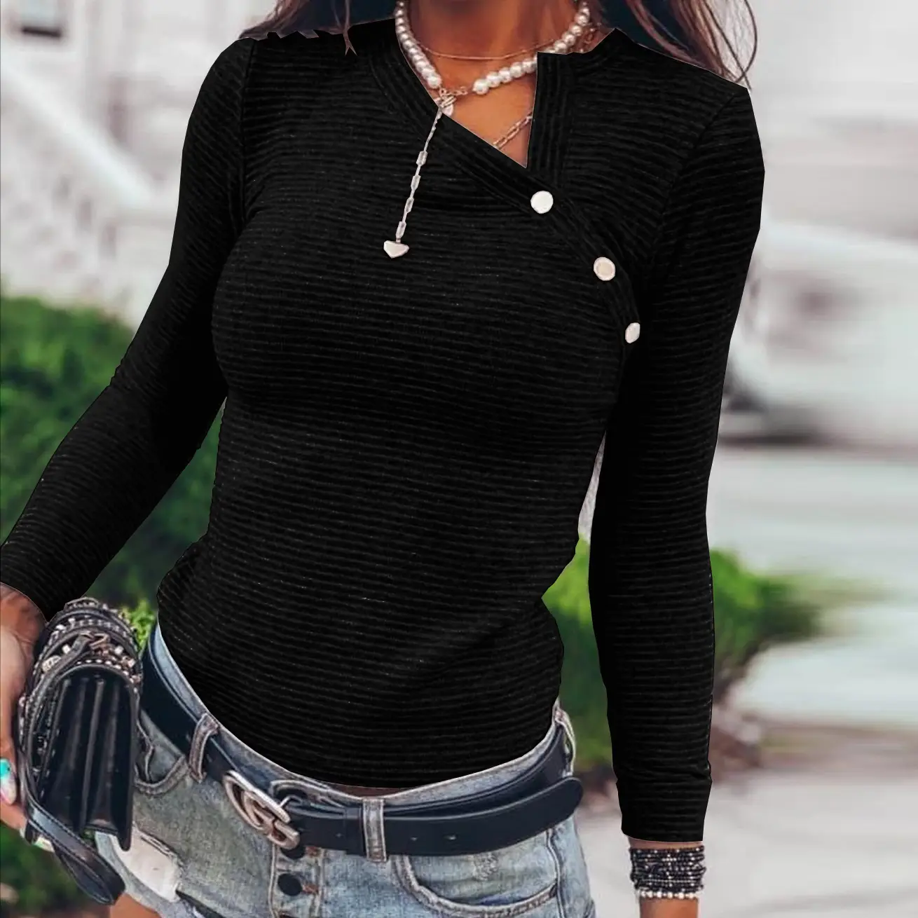Women Black Ribbed Long Sleeve Button Top - Image 6