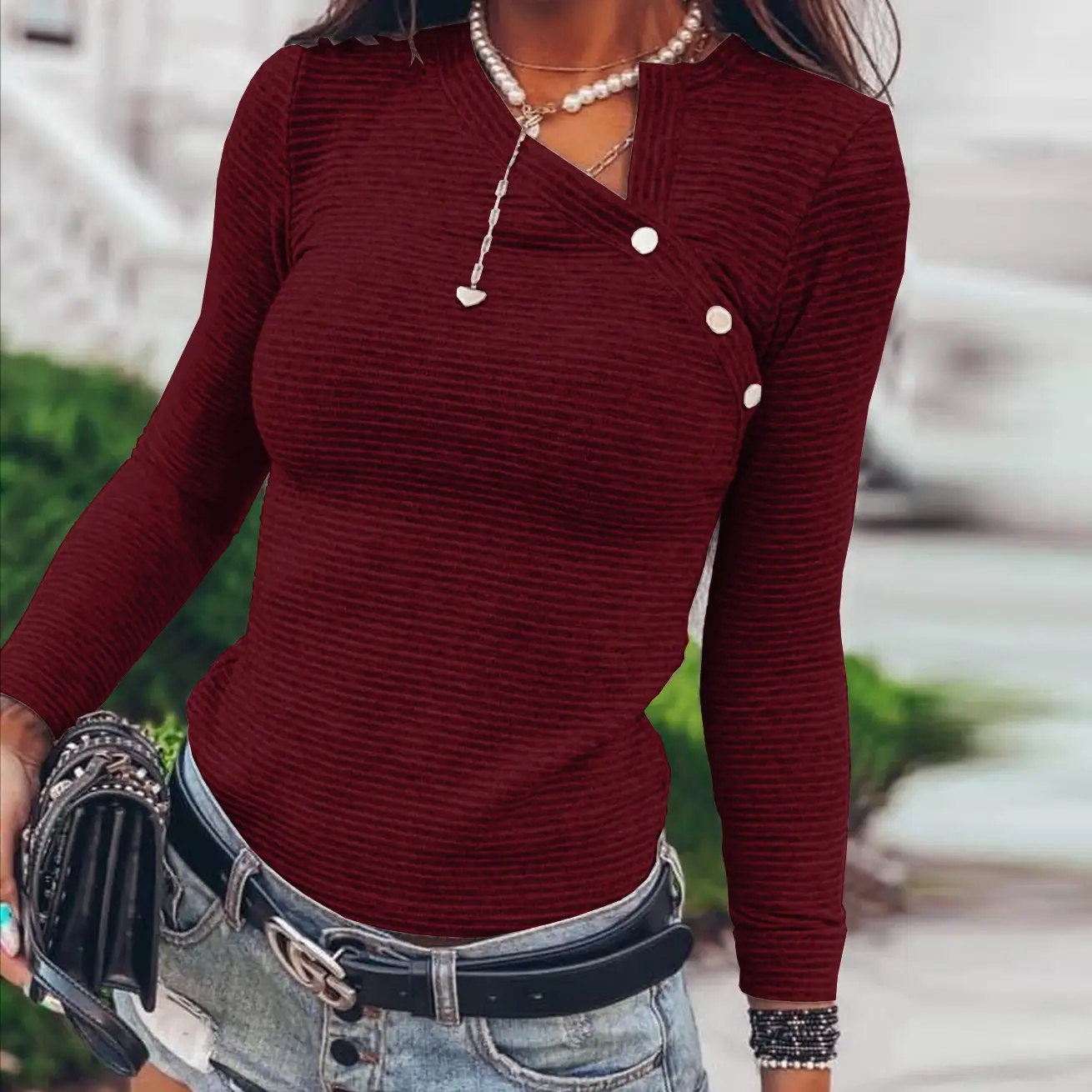 Women Black Ribbed Long Sleeve Button Top - Image 2
