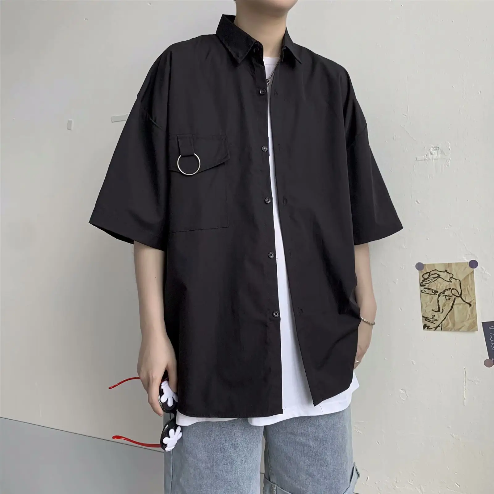 Men Black Short Sleeve Korean Style Shirt - Image 2