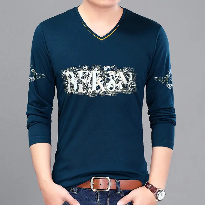 Men Maroon Embroidered V-Neck Long Sleeve T-Shirt - Image 3