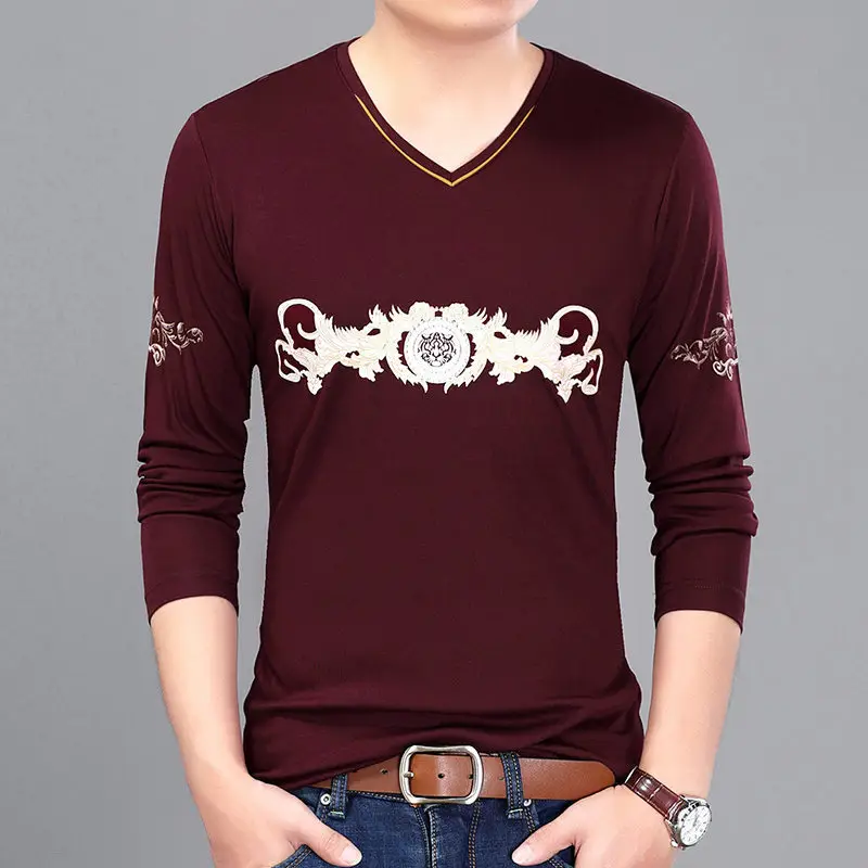 Men Maroon Embroidered V-Neck Long Sleeve T-Shirt - Image 4