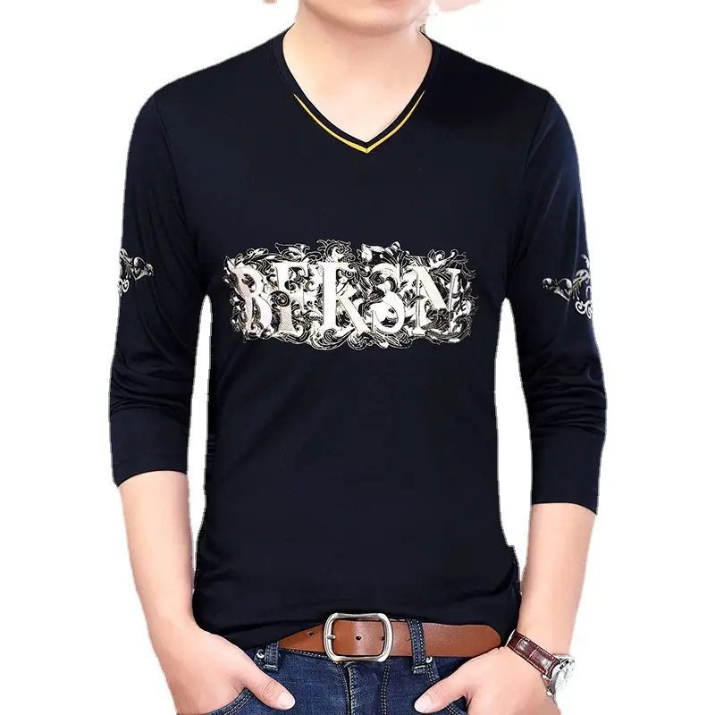 Men Maroon Embroidered V-Neck Long Sleeve T-Shirt - Image 5
