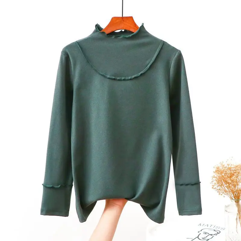 Women Green High Neck Long Sleeve Shirt Large - Image 7