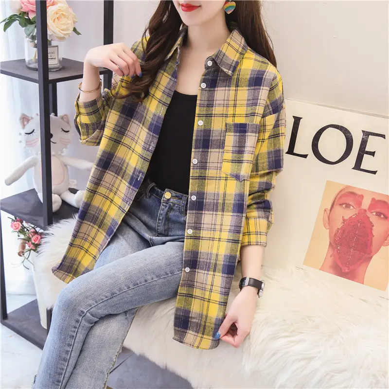 Women Plaid Korean Style Shirt Large Mid Length - Image 10